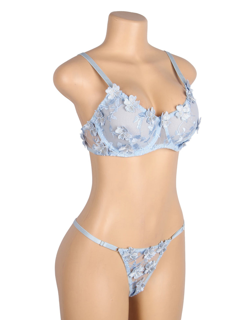 Light Blue Floral Mesh Embroidery Bra Set – Underwire & 3D Lace - TeaseFashion