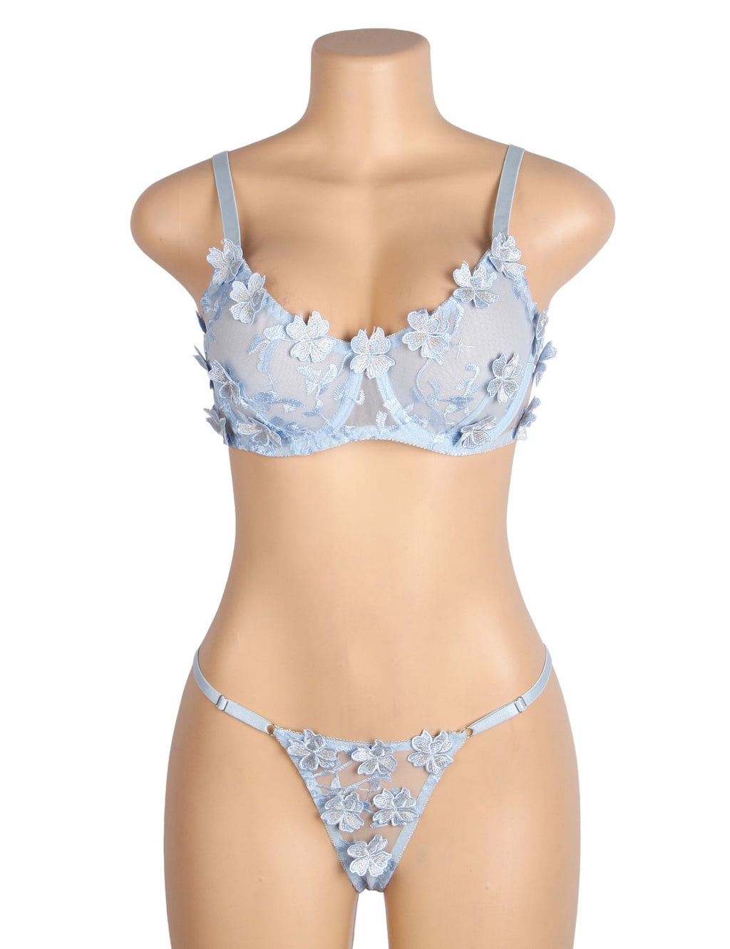 Light Blue Floral Mesh Embroidery Bra Set – Underwire & 3D Lace - TeaseFashion