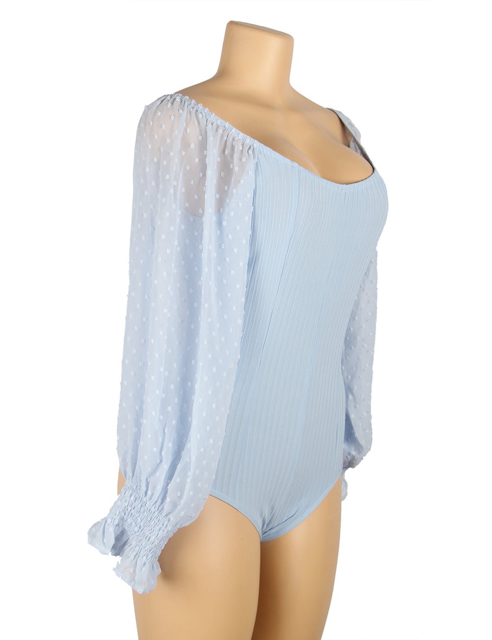 Light Blue One - Shoulder Bodysuit – Chiffon Bubble Sleeves & Buckle Crotch - TeaseFashion