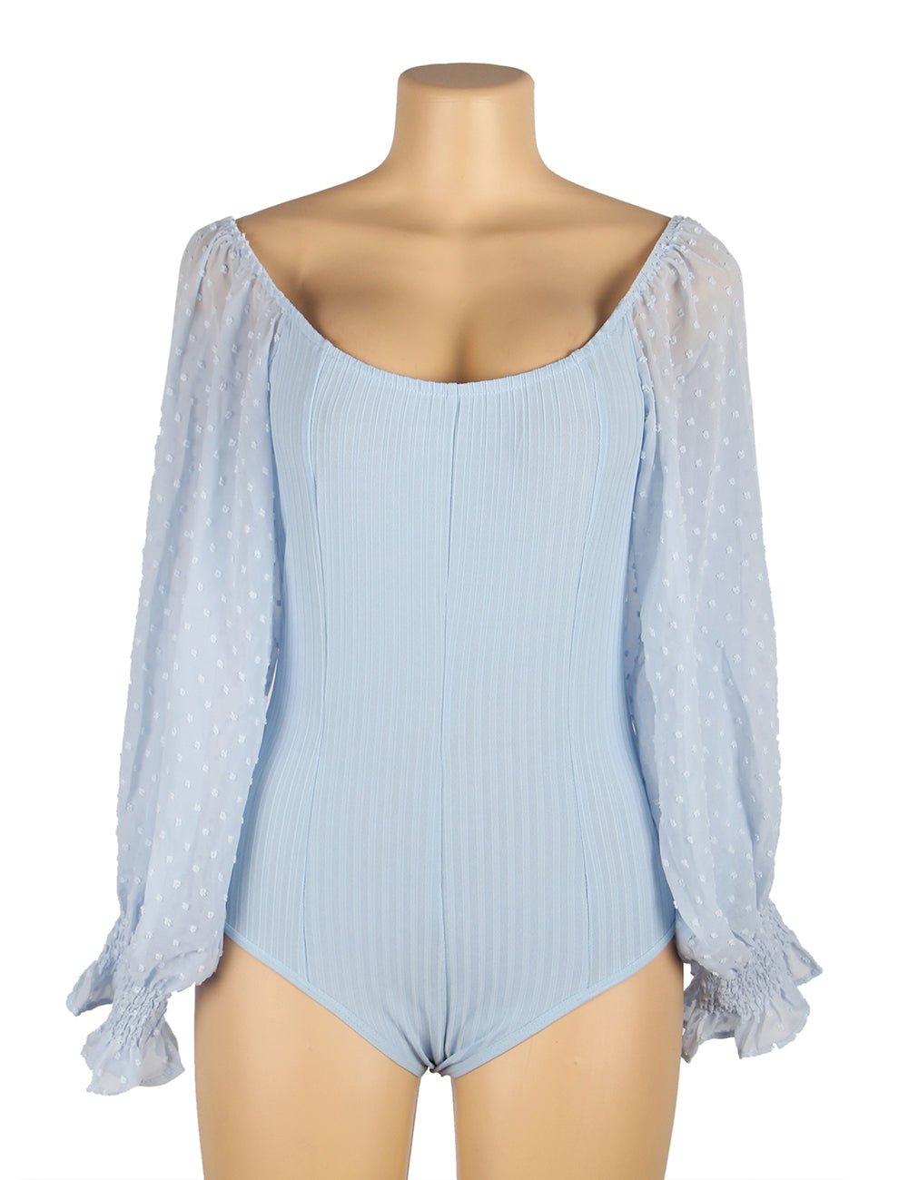 Light Blue One - Shoulder Bodysuit – Chiffon Bubble Sleeves & Buckle Crotch - TeaseFashion