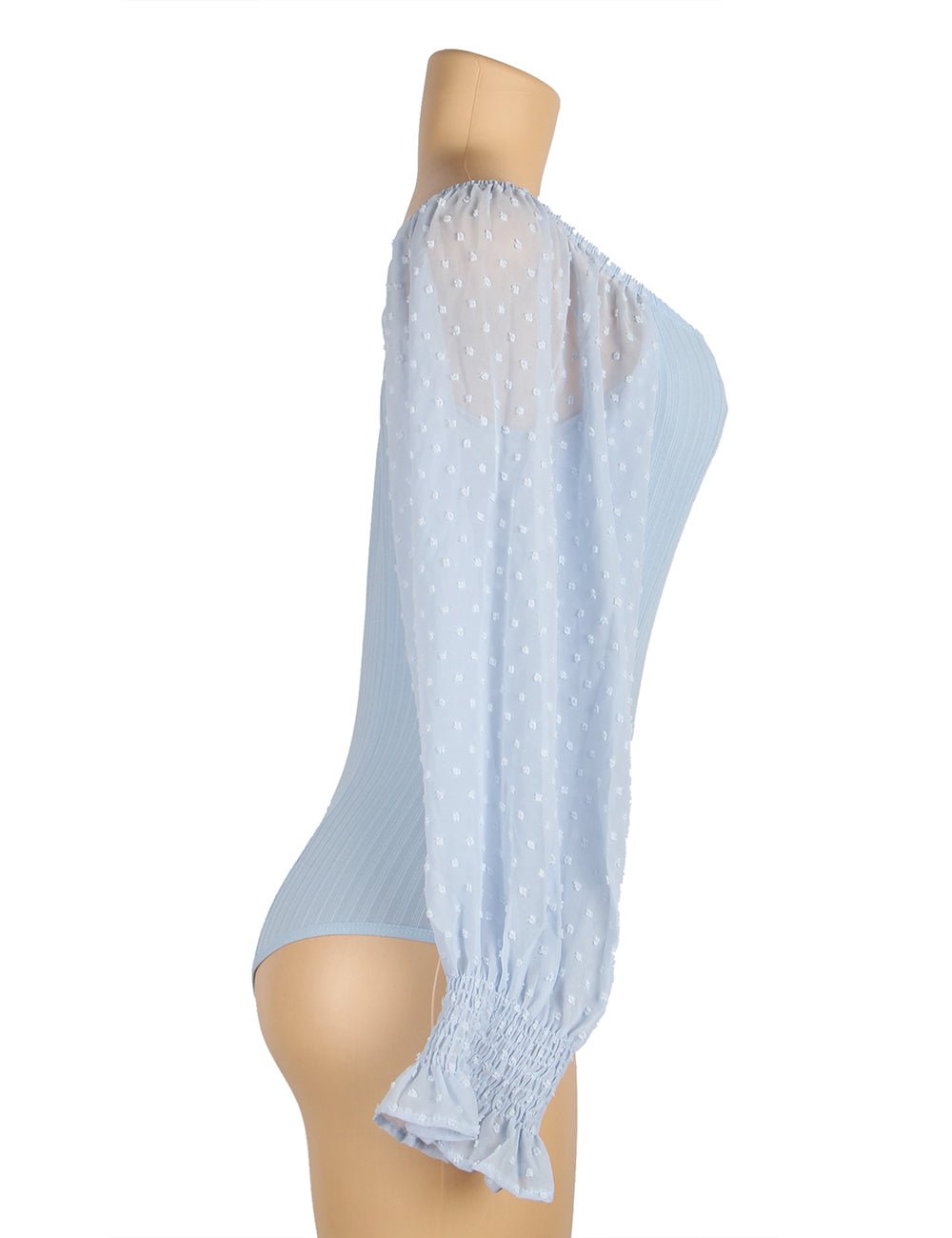 Light Blue One - Shoulder Bodysuit – Chiffon Bubble Sleeves & Buckle Crotch - TeaseFashion