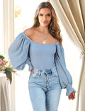 Light Blue One - Shoulder Bodysuit – Chiffon Bubble Sleeves & Buckle Crotch - TeaseFashion