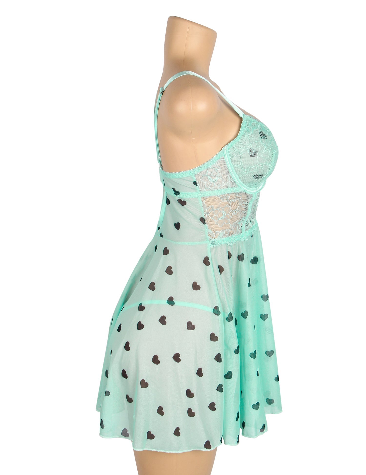 Light Green Heart Print Lace Mesh Babydoll with Eyelash Lace Chest, Bow Accent & T - Pants Set - TeaseFashion
