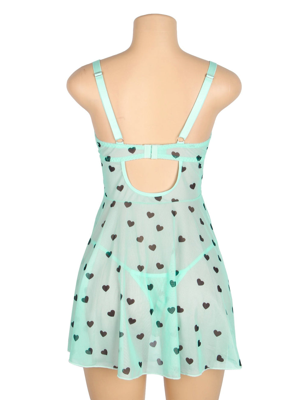 Light Green Heart Print Lace Mesh Babydoll with Eyelash Lace Chest, Bow Accent & T - Pants Set - TeaseFashion