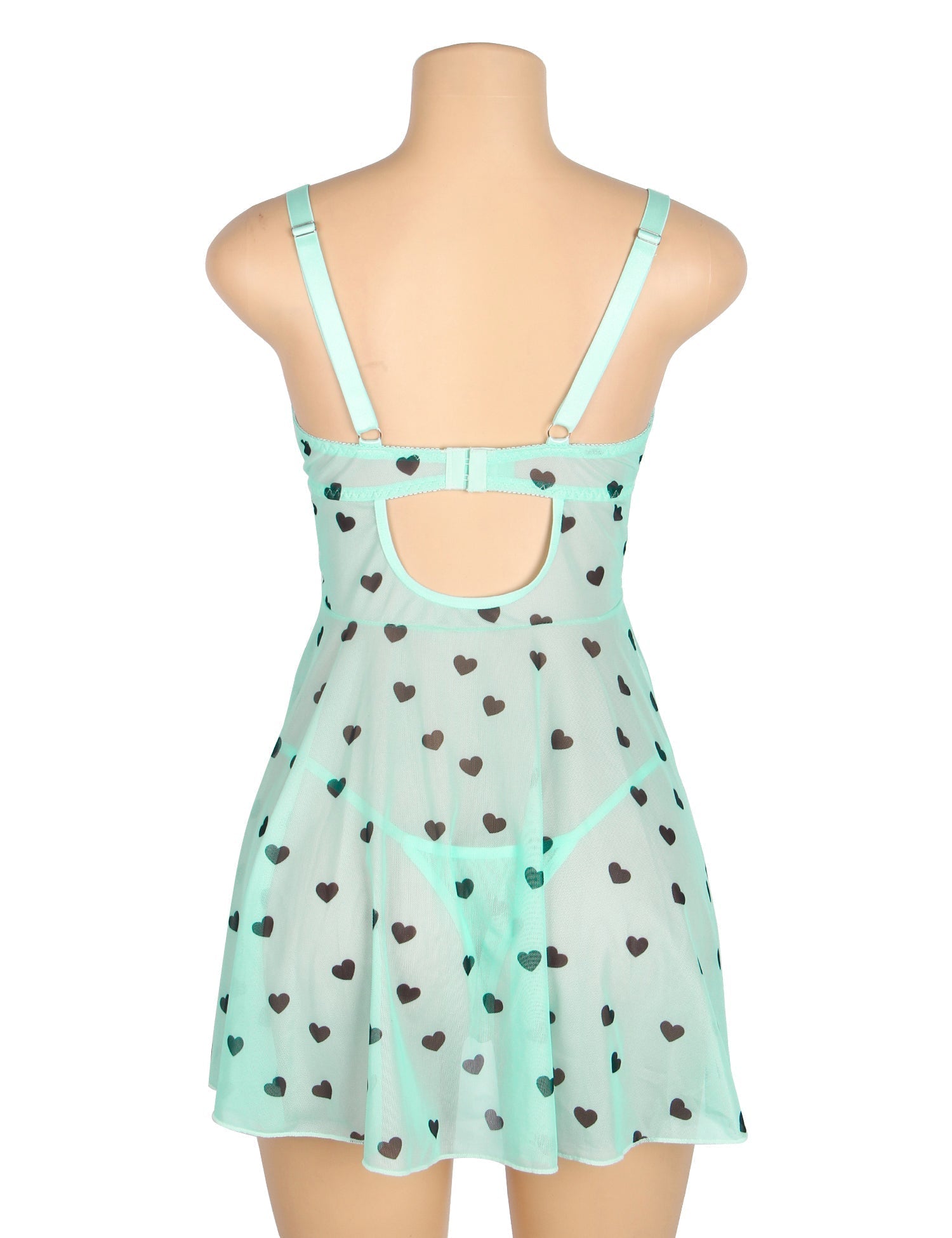 Light Green Heart Print Lace Mesh Babydoll with Eyelash Lace Chest, Bow Accent & T - Pants Set - TeaseFashion