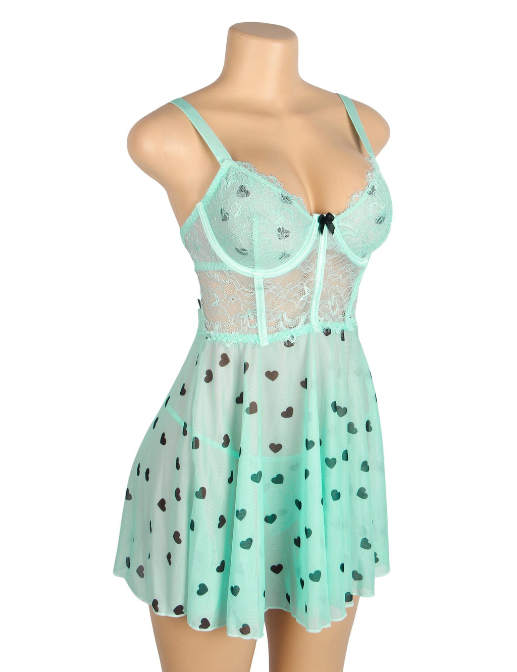 Light Green Heart Print Lace Mesh Babydoll with Eyelash Lace Chest, Bow Accent & T - Pants Set - TeaseFashion