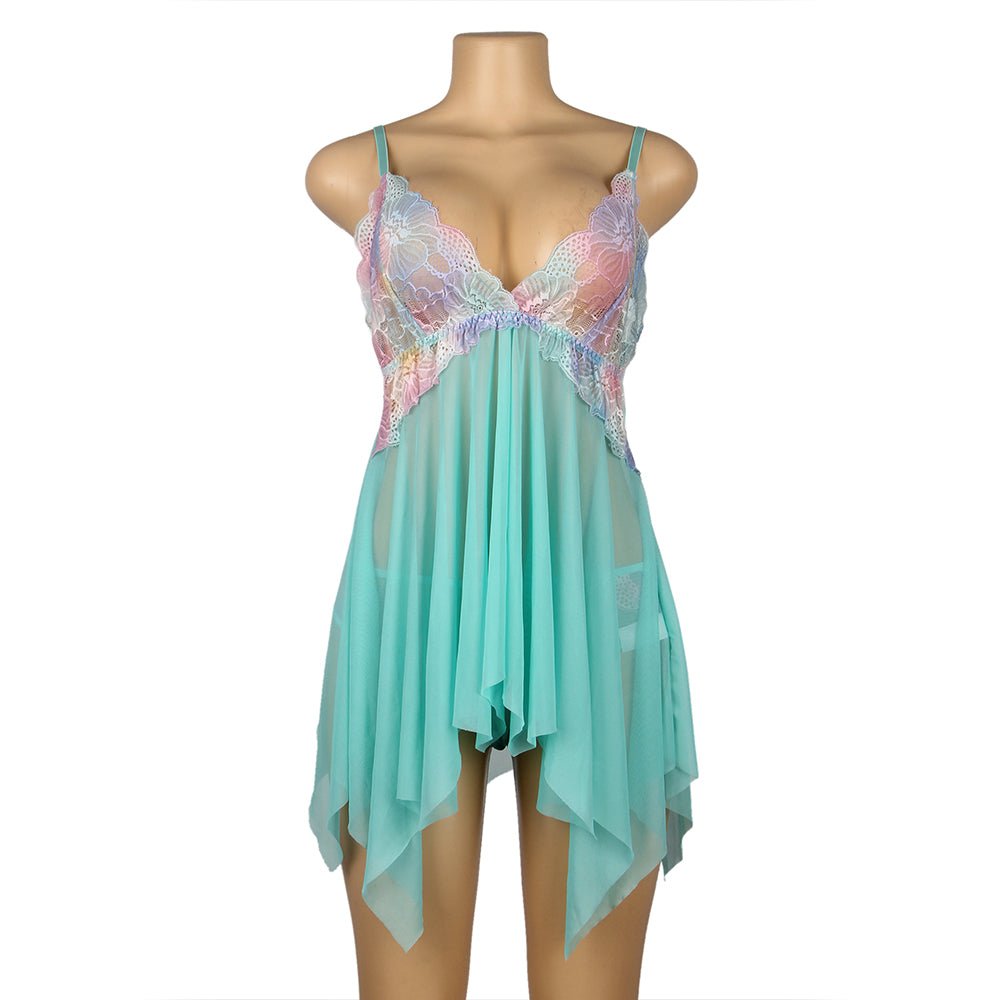 Light Green Mesh Babydoll – Digital Lace Print, Open Front, Split & Matching Panties - TeaseFashion