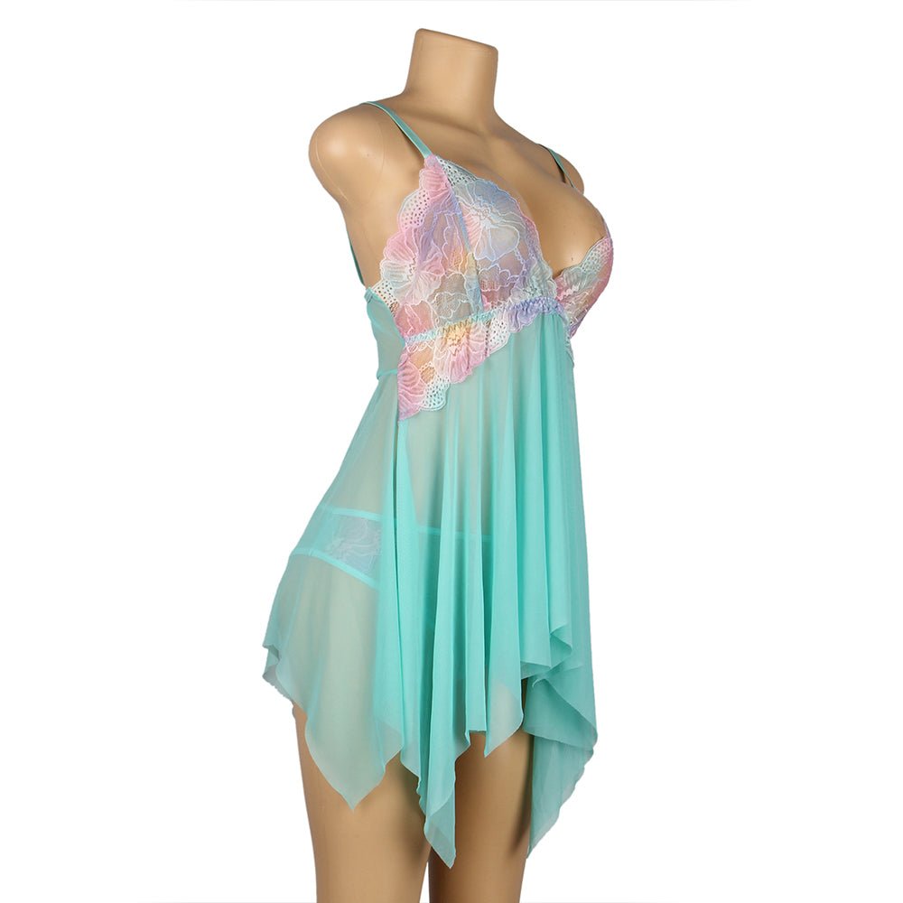 Light Green Mesh Babydoll – Digital Lace Print, Open Front, Split & Matching Panties - TeaseFashion