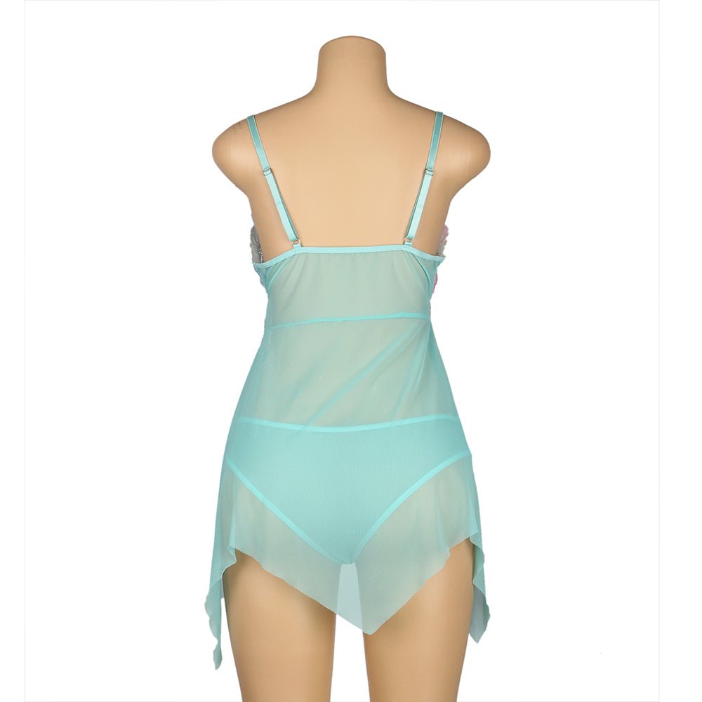 Light Green Mesh Babydoll – Digital Lace Print, Open Front, Split & Matching Panties - TeaseFashion