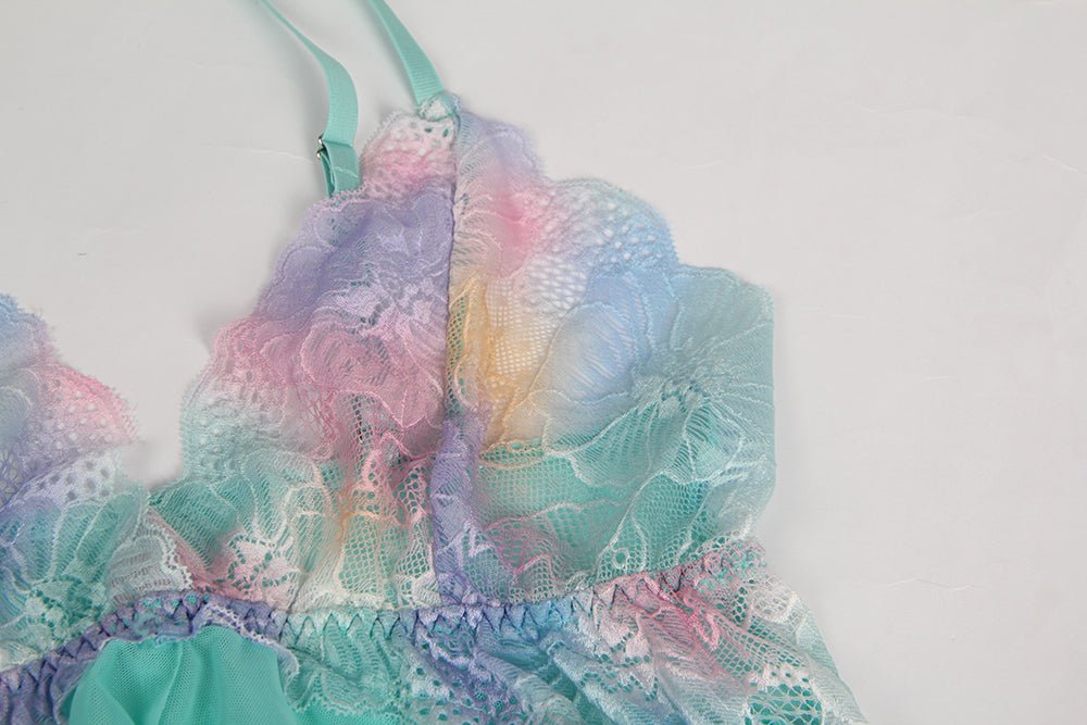 Light Green Mesh Babydoll – Digital Lace Print, Open Front, Split & Matching Panties - TeaseFashion