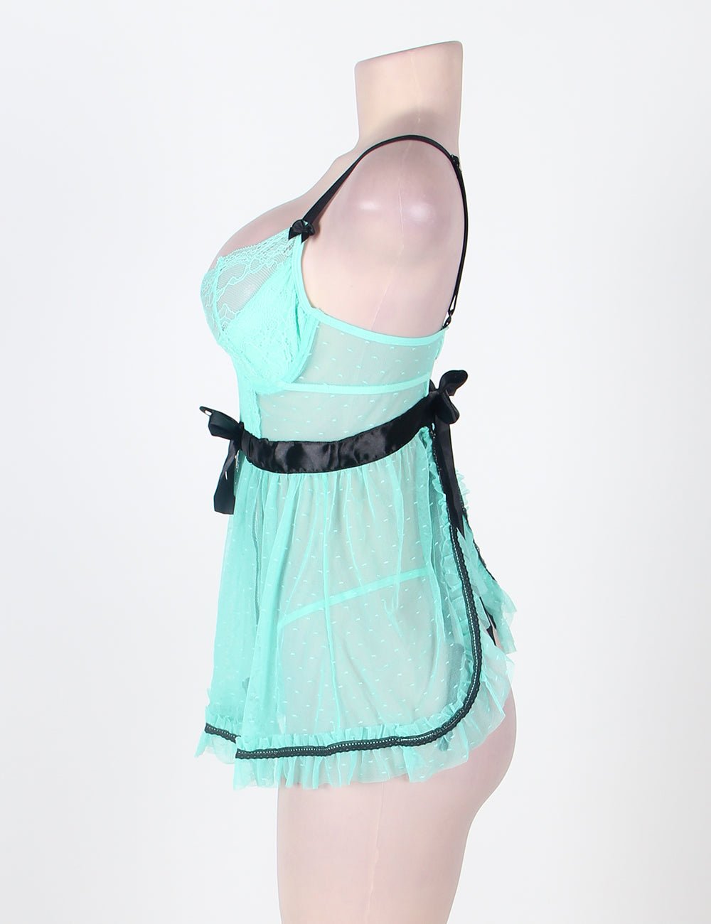 Light Green Polka Dot Apron Babydoll Lingerie Set – Underwire Cups, Silk Ribbon Waist, Lace Hem, Split Back & Four Suspender Belts - TeaseFashion