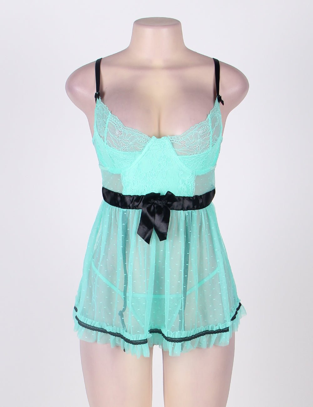 Light Green Polka Dot Apron Babydoll Lingerie Set – Underwire Cups, Silk Ribbon Waist, Lace Hem, Split Back & Four Suspender Belts - TeaseFashion