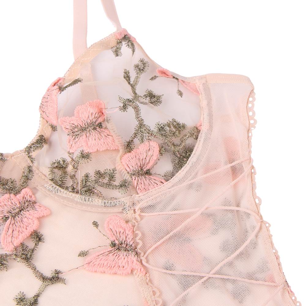 Light Pink 3D Embroidery Mesh Lingerie Set – Underwire, Criss - Cross Waistband, Crop Cutout & Cotton Crotch - TeaseFashion