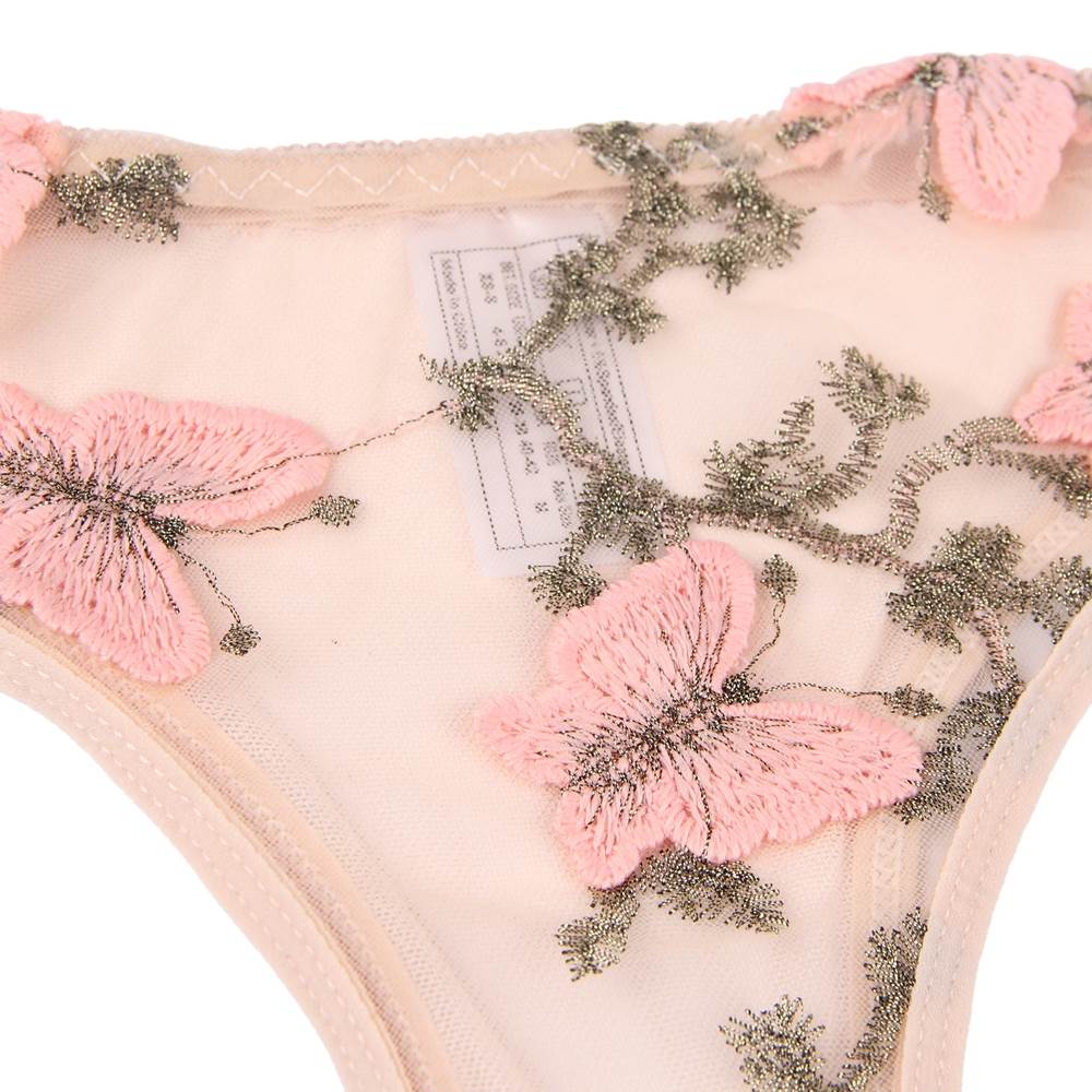 Light Pink 3D Embroidery Mesh Lingerie Set – Underwire, Criss - Cross Waistband, Crop Cutout & Cotton Crotch - TeaseFashion