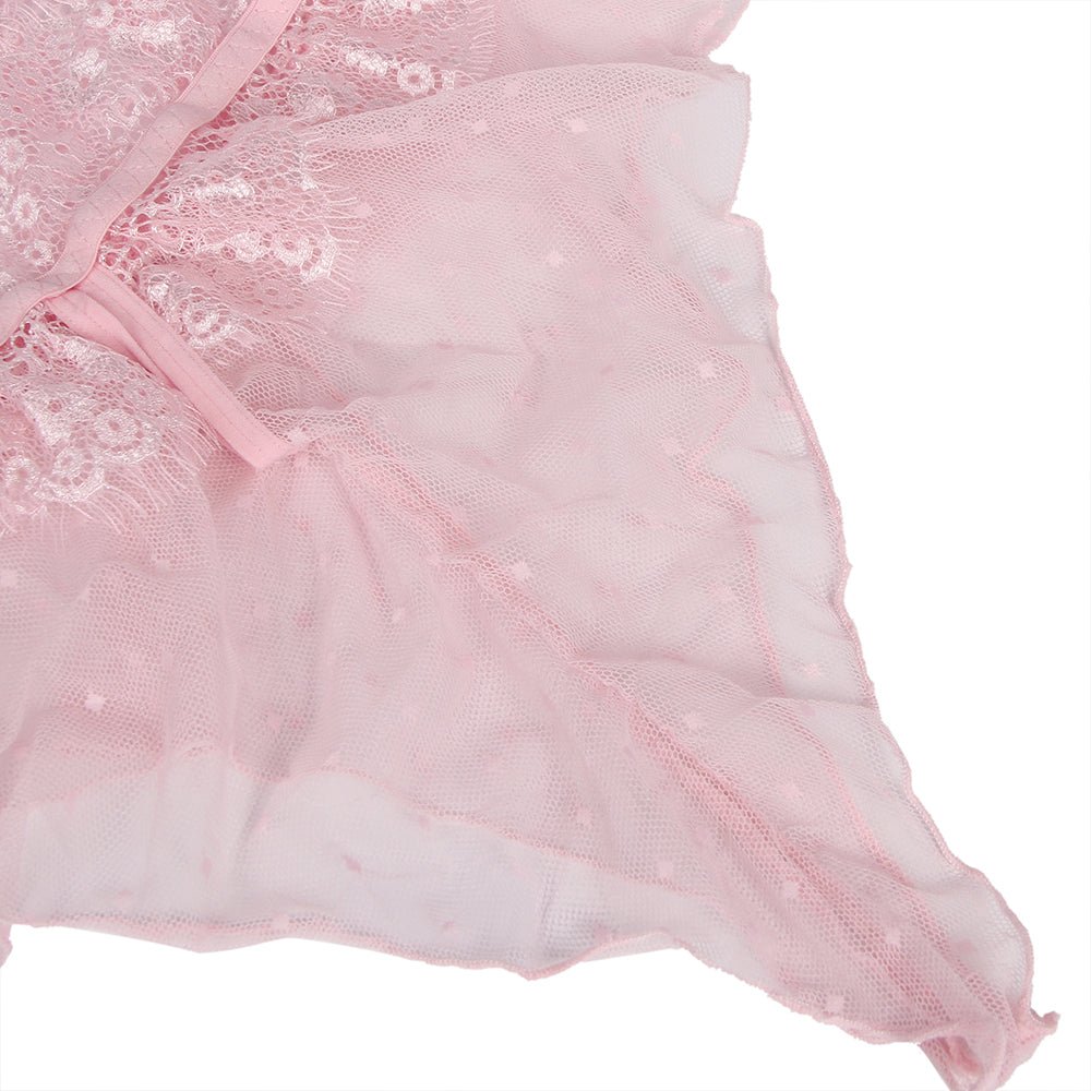 Light Pink Lace Teddy – Deep V, Ruffle & Polka Dot Waist - TeaseFashion