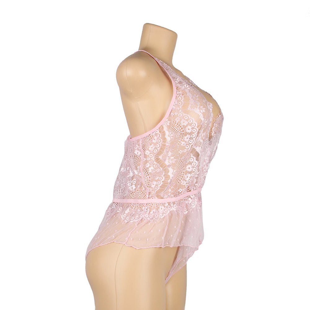 Light Pink Lace Teddy – Deep V, Ruffle & Polka Dot Waist - TeaseFashion
