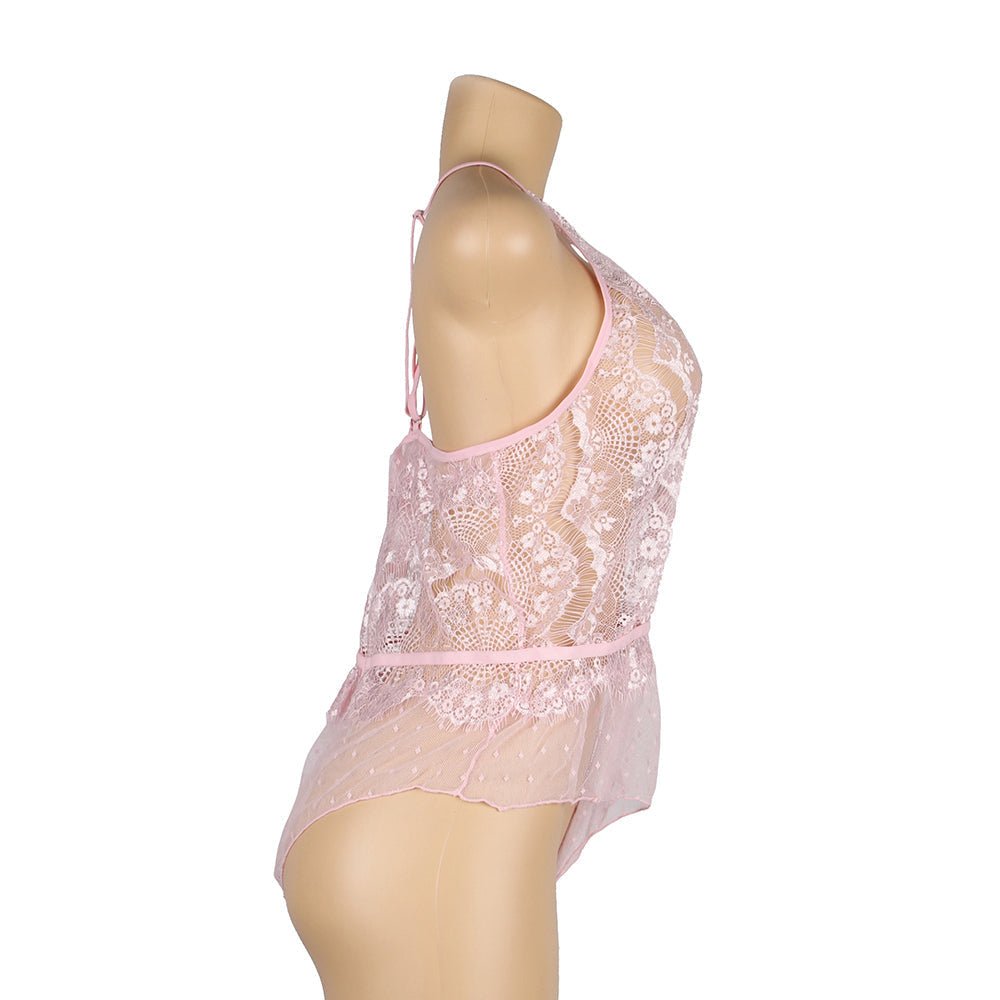 Light Pink Lace Teddy – Deep V, Ruffle & Polka Dot Waist - TeaseFashion
