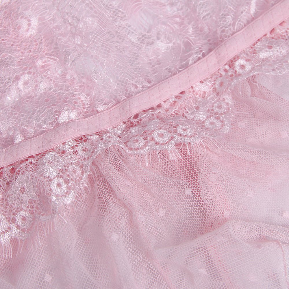 Light Pink Lace Teddy – Deep V, Ruffle & Polka Dot Waist - TeaseFashion
