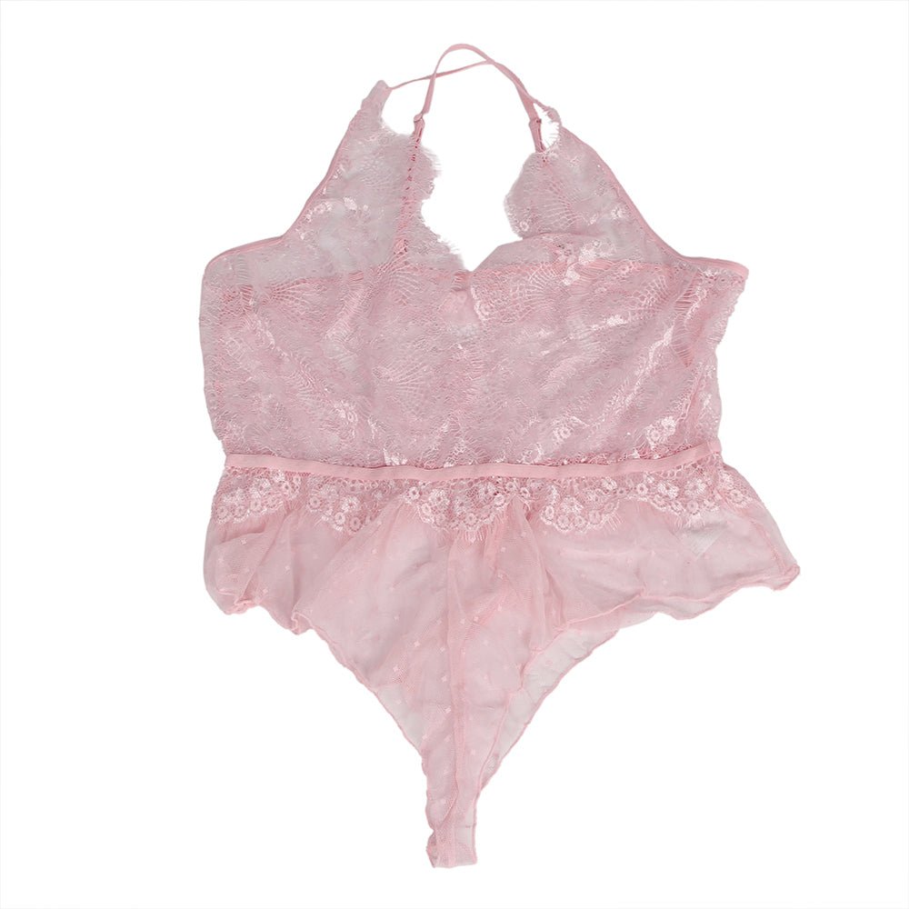 Light Pink Lace Teddy – Deep V, Ruffle & Polka Dot Waist - TeaseFashion