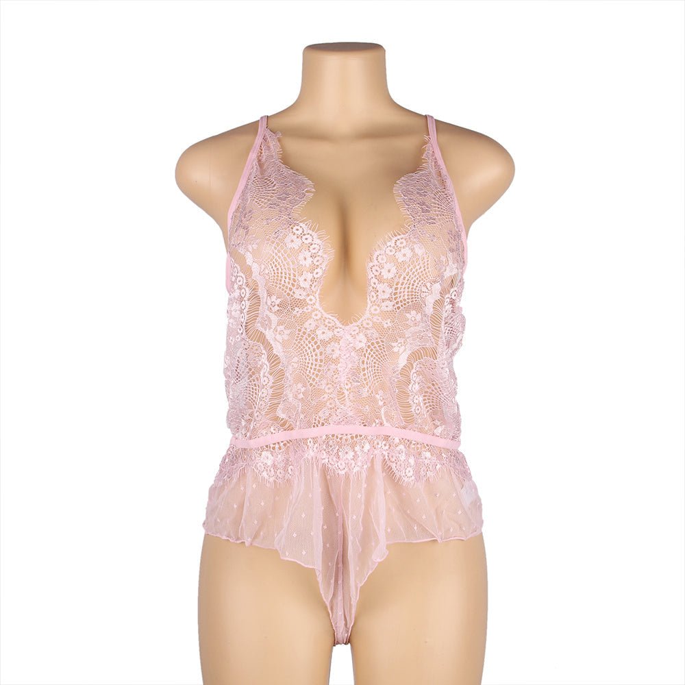 Light Pink Lace Teddy – Deep V, Ruffle & Polka Dot Waist - TeaseFashion