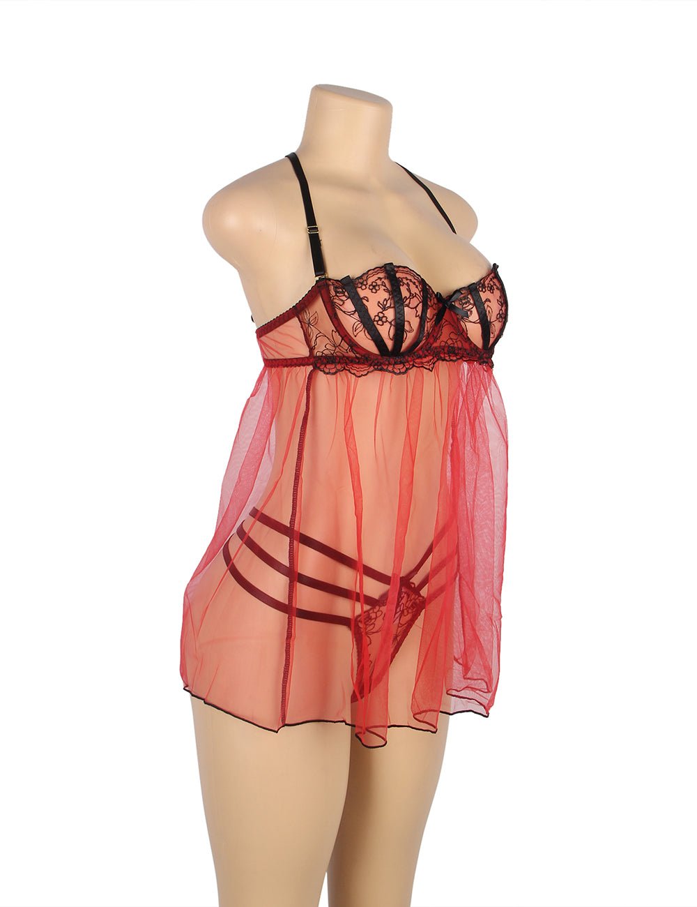 Light Red Mesh Babydoll with Adjustable Shoulder Straps - TeaseFashion