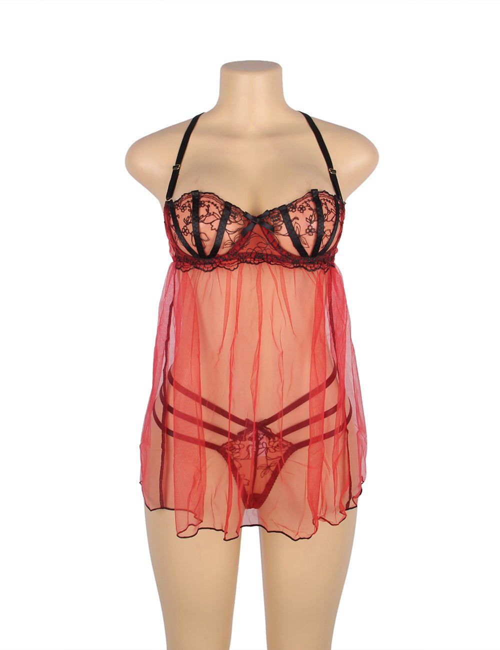 Light Red Mesh Babydoll with Adjustable Shoulder Straps - TeaseFashion
