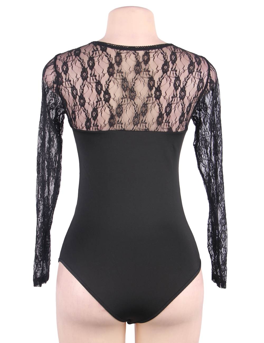 Long Sleeve Lace & Mesh Bodysuit – Semi-Transparent Chest Panels, Hook-and-Eye Crotch & High-Elasticity Fit - TEASEFASHION
