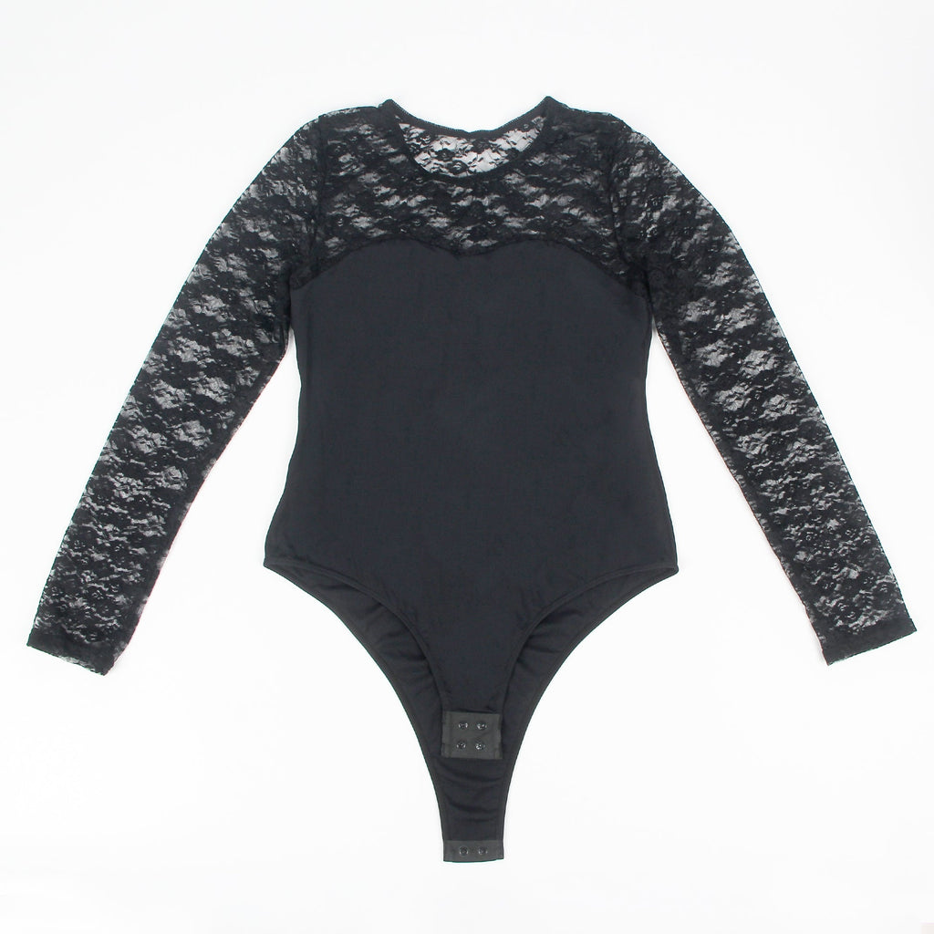 Long Sleeve Openable Crotch Lace Black Bodysuit - TeaseFashion