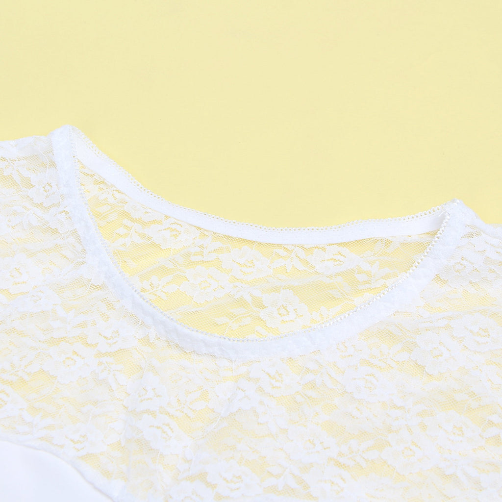 Long Sleeve Openable Crotch Lace White Bodysuit - TeaseFashion