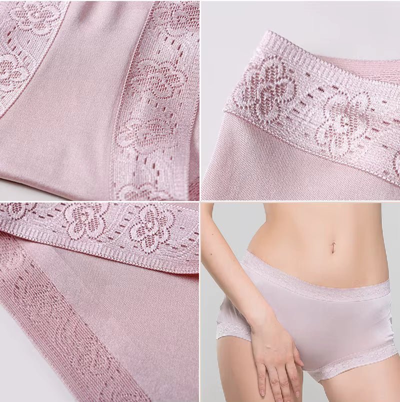 Lotus Pink Lace Panties Sexy Breathable Mid Waist Briefs Seamless Silk Underwear - TEASEFASHION