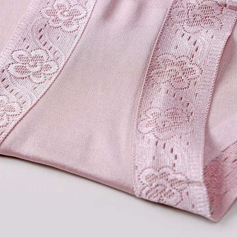 Lotus Pink Lace Panties Sexy Breathable Mid Waist Briefs Seamless Silk Underwear - TEASEFASHION