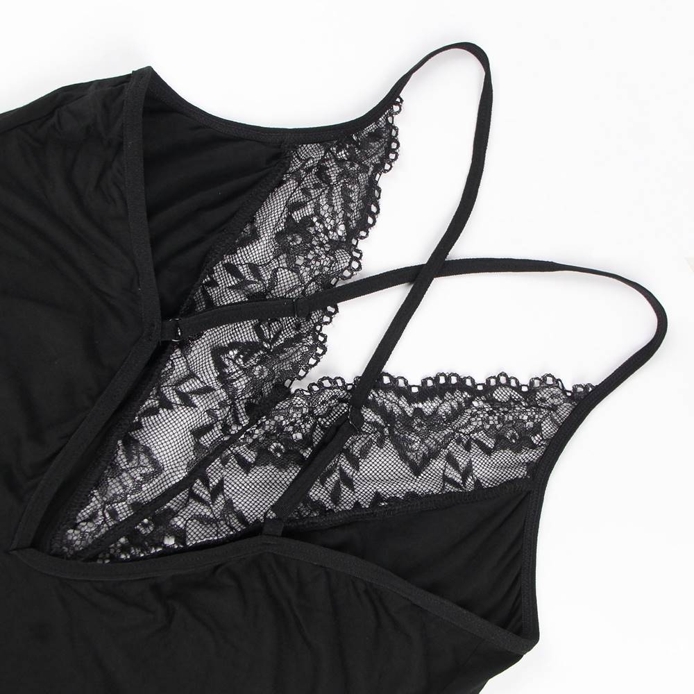 Modal Deep V - Neck Lace Nightdress – Back Hollow - Out, Cross Shoulder Straps, Umbrella Skirt & G - String Set - TeaseFashion