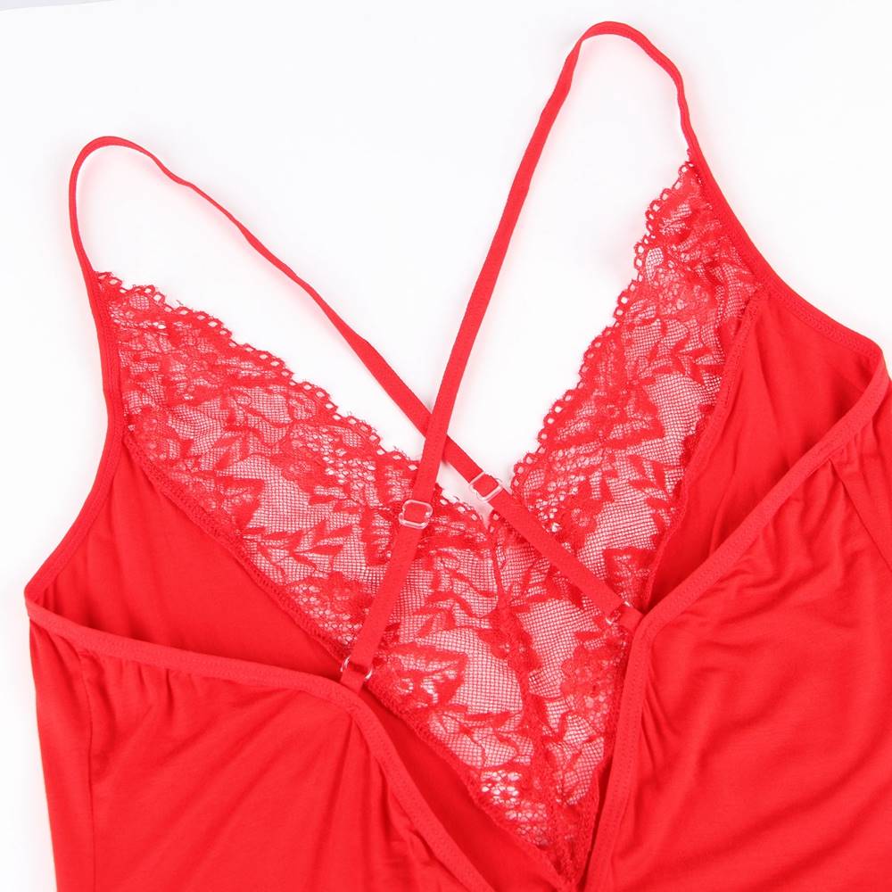 Modal Deep V - Neck Lace Nightdress – Back Hollow - Out, Cross Shoulder Straps, Umbrella Skirt & G - String Set - TeaseFashion