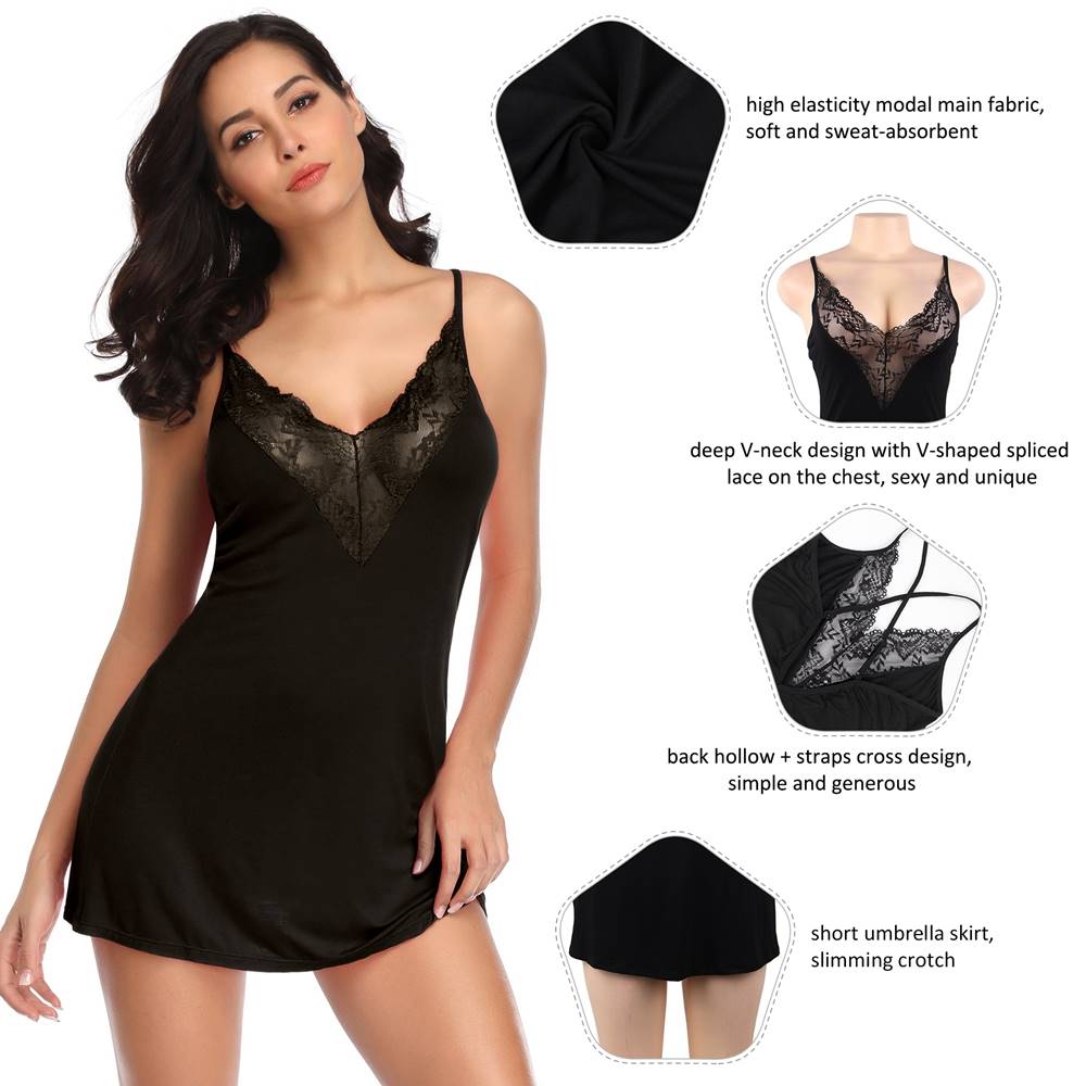 Modal Deep V - Neck Lace Nightdress – Back Hollow - Out, Cross Shoulder Straps, Umbrella Skirt & G - String Set - TeaseFashion