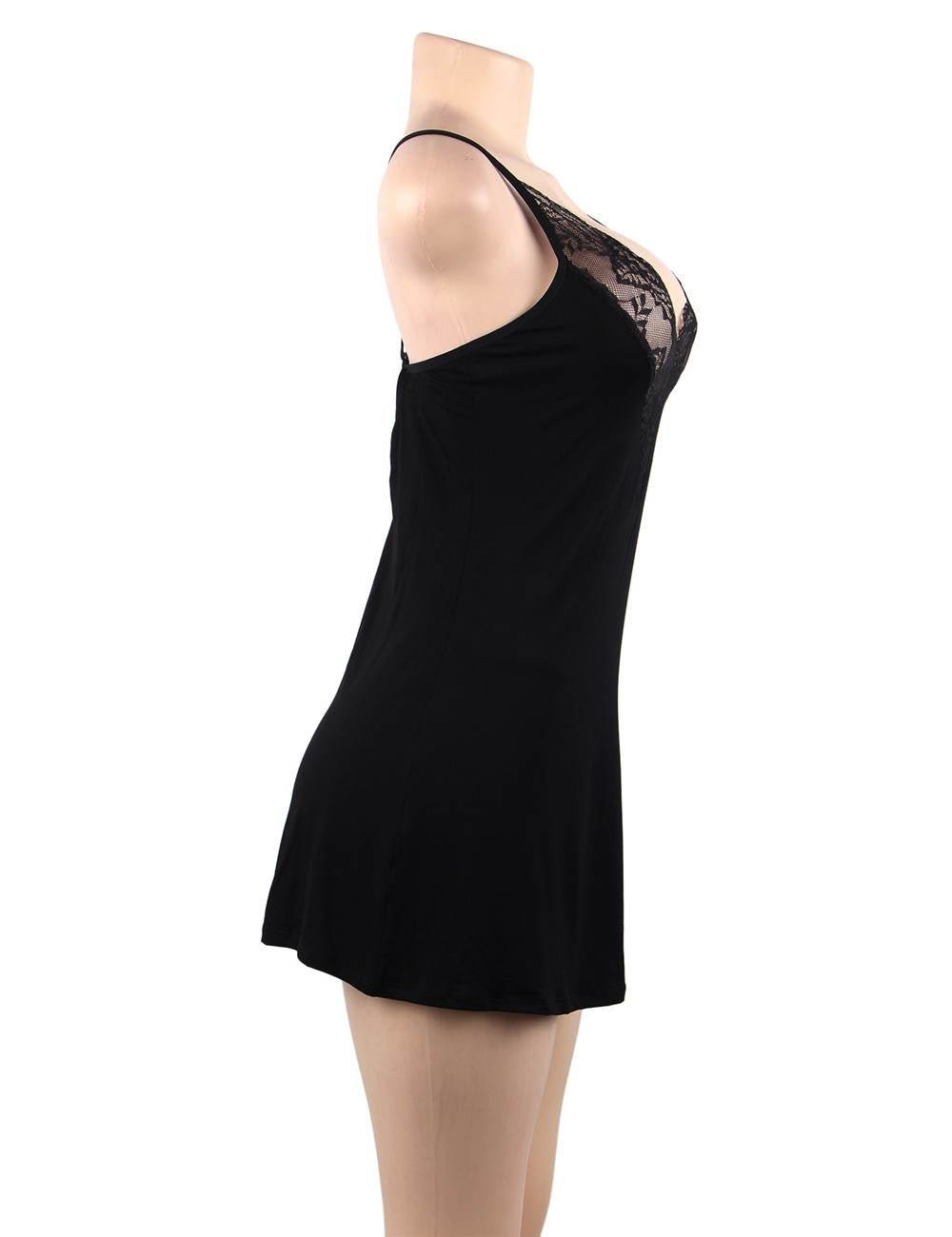 Modal Deep V - Neck Lace Nightdress – Back Hollow - Out, Cross Shoulder Straps, Umbrella Skirt & G - String Set - TeaseFashion