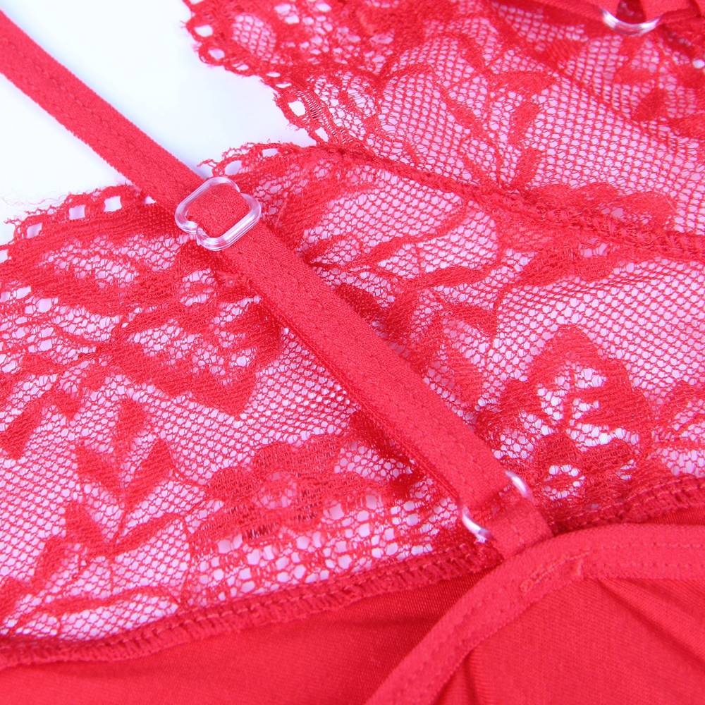 Modal Deep V - Neck Lace Nightdress – Back Hollow - Out, Cross Shoulder Straps, Umbrella Skirt & G - String Set - TeaseFashion