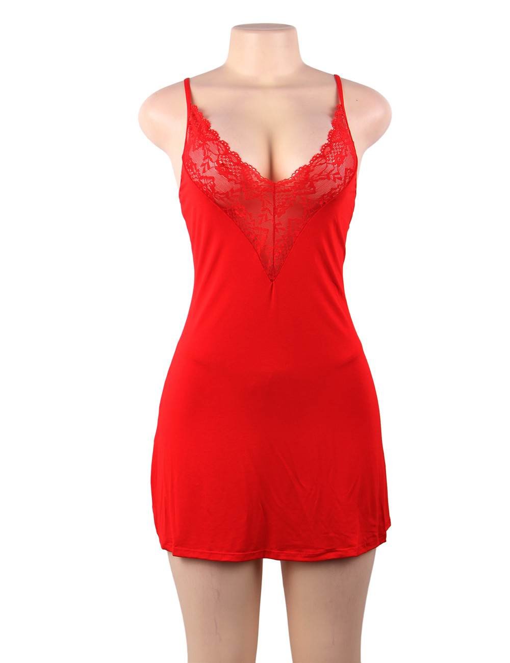 Modal Deep V - Neck Lace Nightdress – Back Hollow - Out, Cross Shoulder Straps, Umbrella Skirt & G - String Set - TeaseFashion