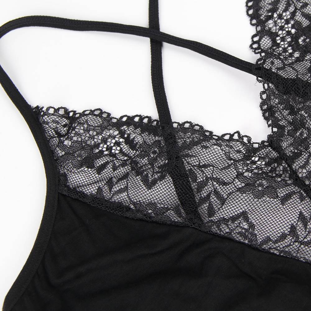 Modal Deep V - Neck Lace Nightdress – Back Hollow - Out, Cross Shoulder Straps, Umbrella Skirt & G - String Set - TeaseFashion