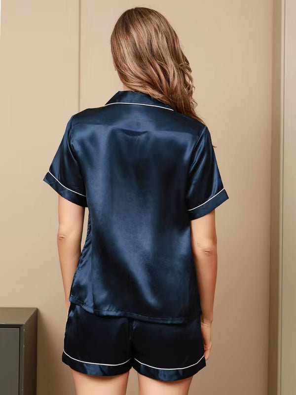 Navy Blue Short Sleeves Solid Leisure Real Silk Pajama Pant Nightwear Set - TeaseFashion