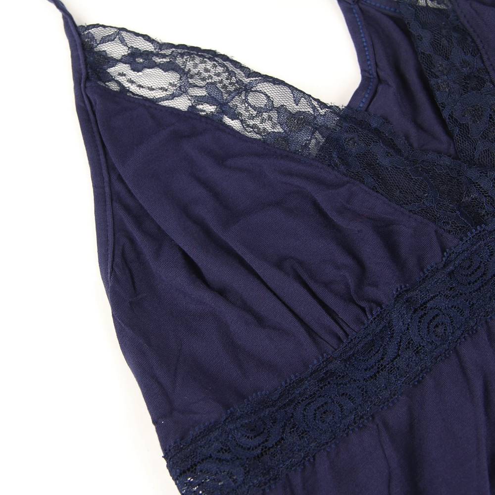 Navy Deep V - Neck Lace - Trim Modal Nightdress & G - String Set - TeaseFashion