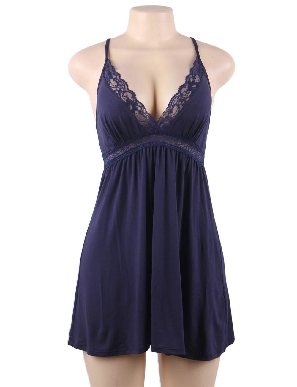 Navy Deep V - Neck Lace - Trim Modal Nightdress & G - String Set - TeaseFashion