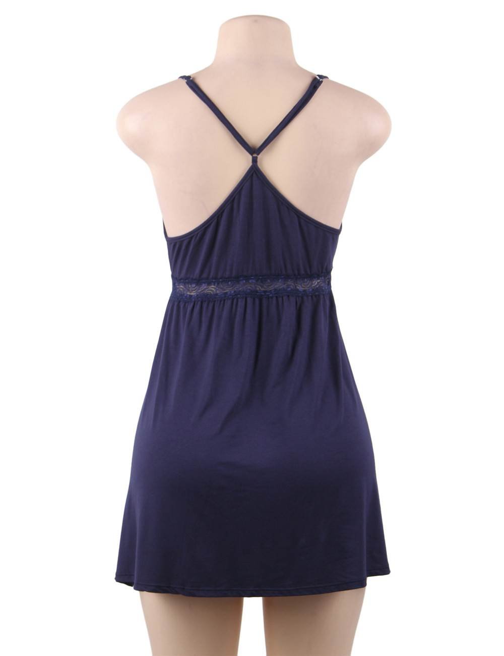 Navy Deep V - Neck Lace - Trim Modal Nightdress & G - String Set - TeaseFashion