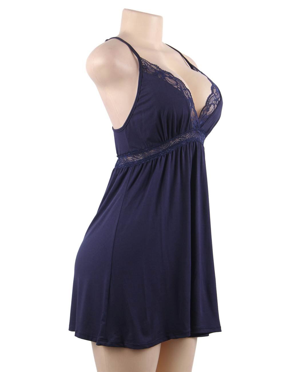 Navy Deep V - Neck Lace - Trim Modal Nightdress & G - String Set - TeaseFashion
