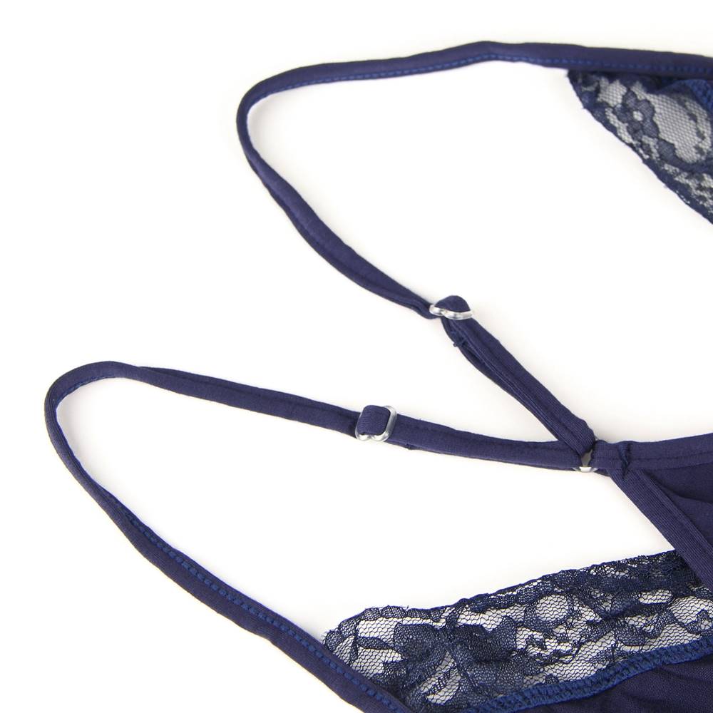 Navy Deep V - Neck Lace - Trim Modal Nightdress & G - String Set - TeaseFashion