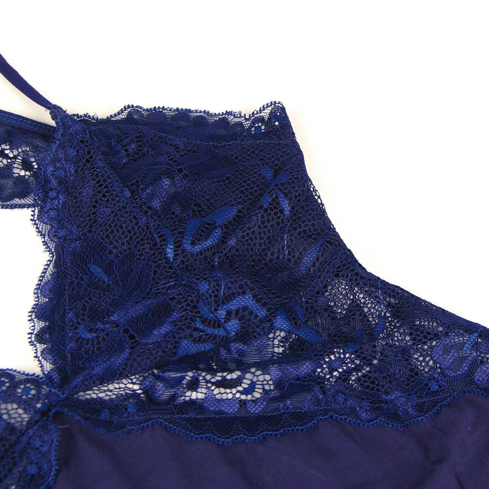 Navy High - Stretch Modal Deep V - Neck Nightdress – Back & Side Lace Panels, Umbrella Skirt with Lace Trim & G - String Set - TeaseFashion