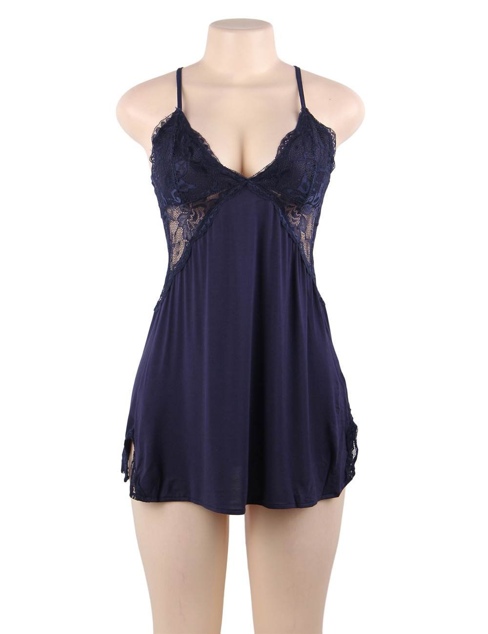Navy High - Stretch Modal Deep V - Neck Nightdress – Back & Side Lace Panels, Umbrella Skirt with Lace Trim & G - String Set - TeaseFashion