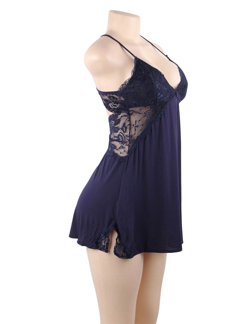 Navy High - Stretch Modal Deep V - Neck Nightdress – Back & Side Lace Panels, Umbrella Skirt with Lace Trim & G - String Set - TeaseFashion