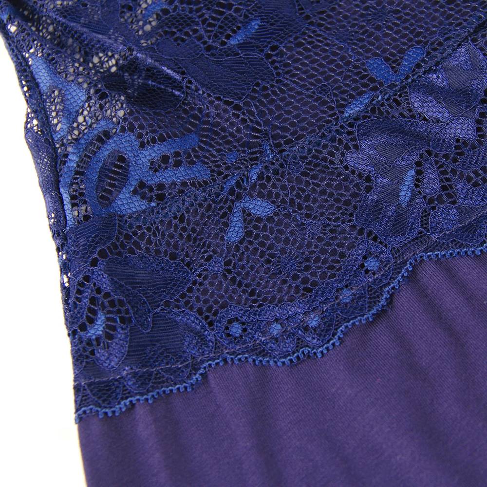 Navy High - Stretch Modal Deep V - Neck Nightdress – Back & Side Lace Panels, Umbrella Skirt with Lace Trim & G - String Set - TeaseFashion