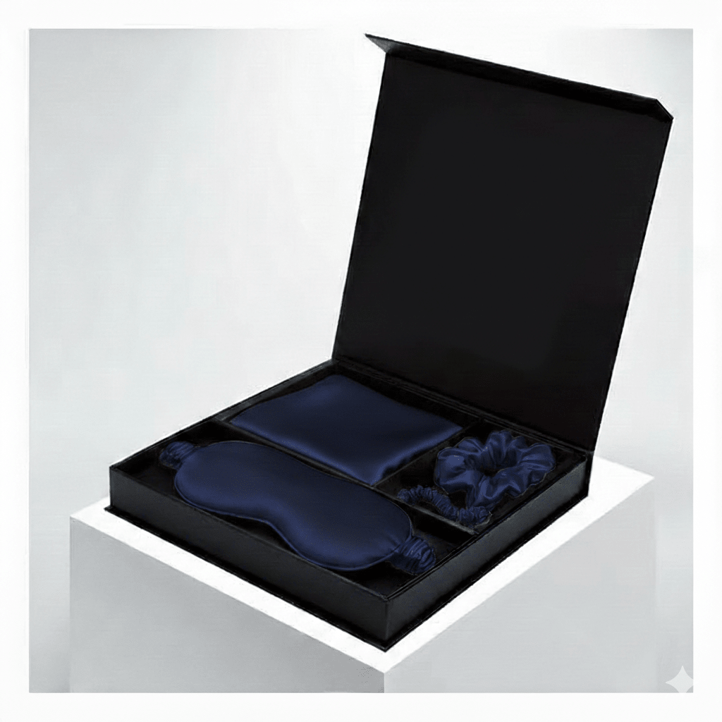 Navy Luxury 100% Mulberry Silk Pillow case Sleep, Eye Mask Blind and Scrunchies Gift Set - TeaseFashion