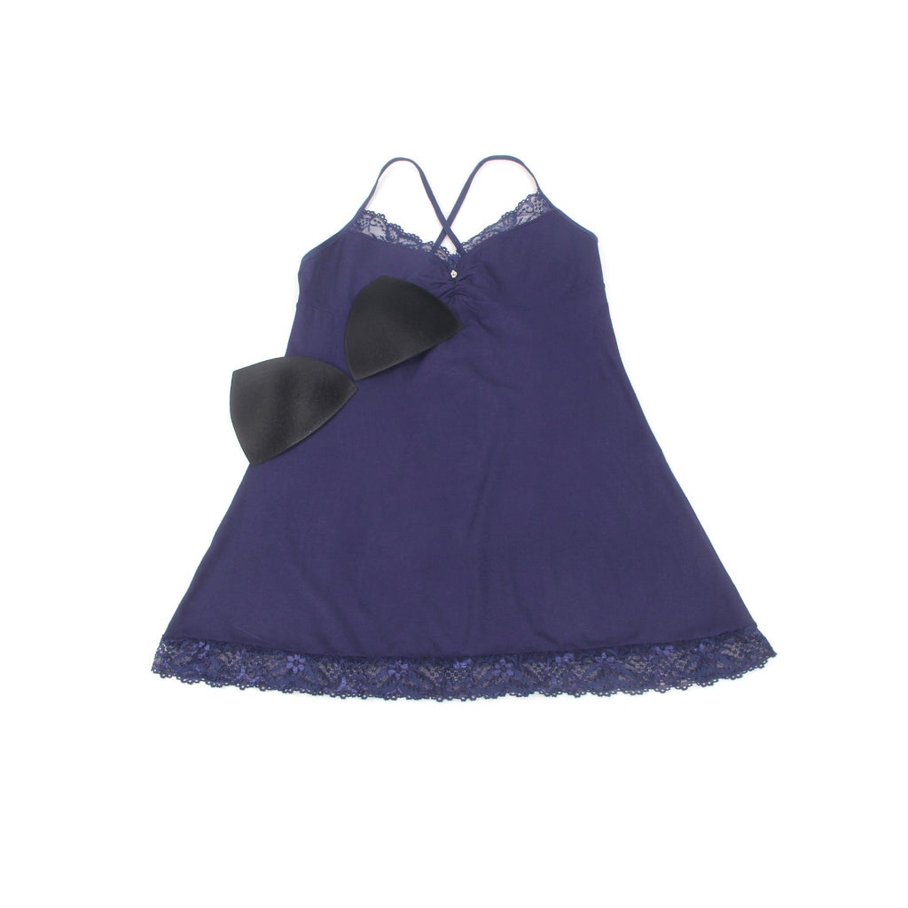 Navy Modal Lace A - Line Nightgown – Rhinestone Ruffle, Crossover Back & Removable Pads - TeaseFashion